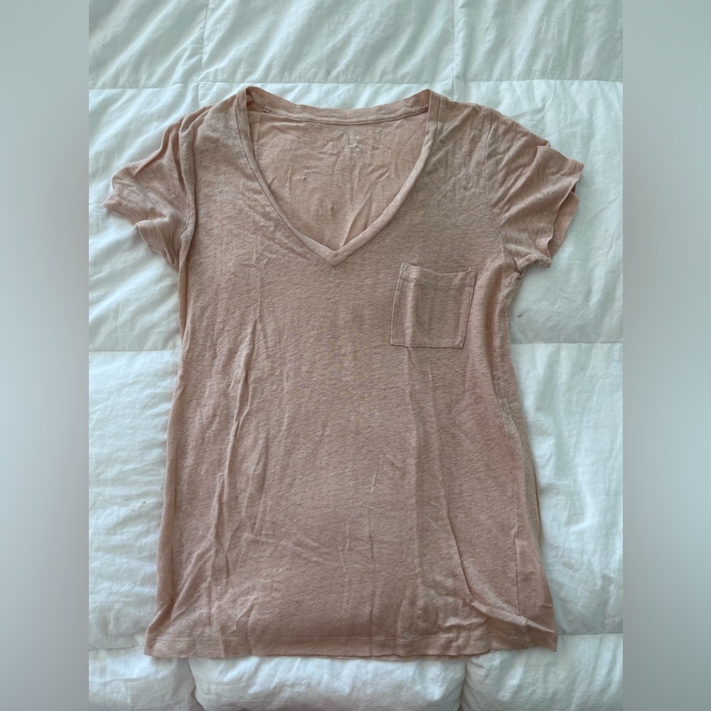 JCrew Linen V-Neck with Cute Pocket, size XS in Tan